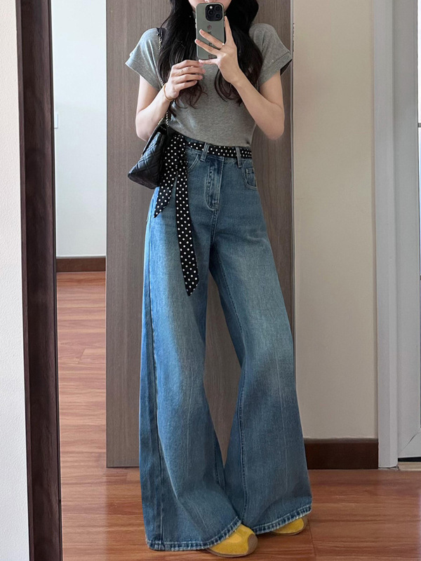 梨型身材蓝色直筒牛仔裤女秋季薄款胖妹妹mm高腰遮胯显瘦阔腿长裤|undefined