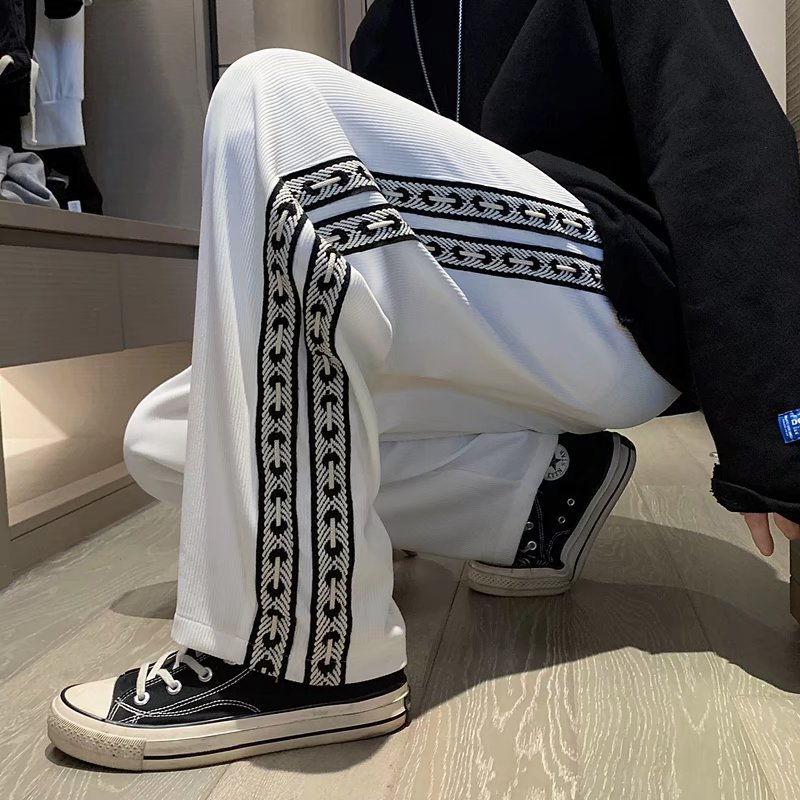 Striped stitching pants men's high stree...