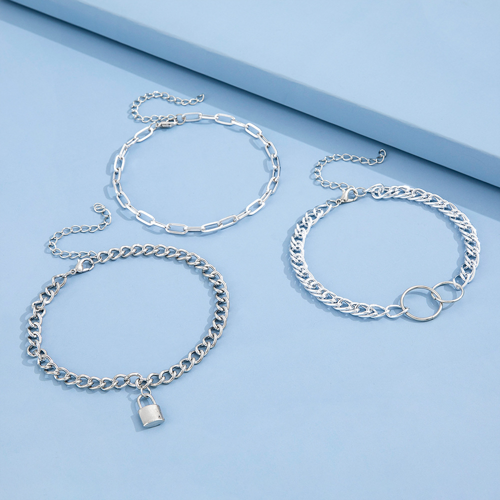 new personality trend lock pendant double circle chain anklet combination three-piece set