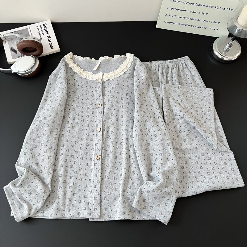 Al por mayor transfronterizo de ternilla osos pijamas mujeres otoño invierno encaje cuello redondo nuevo cálido manga larga dulce abrigo de ropa para el hogar