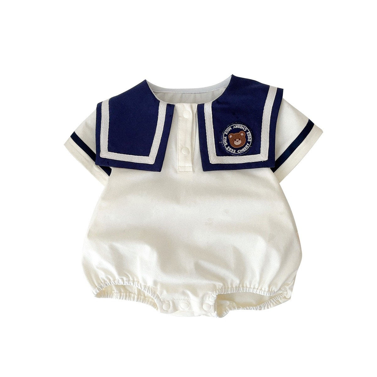 Ropa para niños coreanos, ropa de una pieza de estilo azul marino, estilo fino de verano, traje de escalada con cuello azul marino para bebés para hombres y mujeres, mameluco de pedo