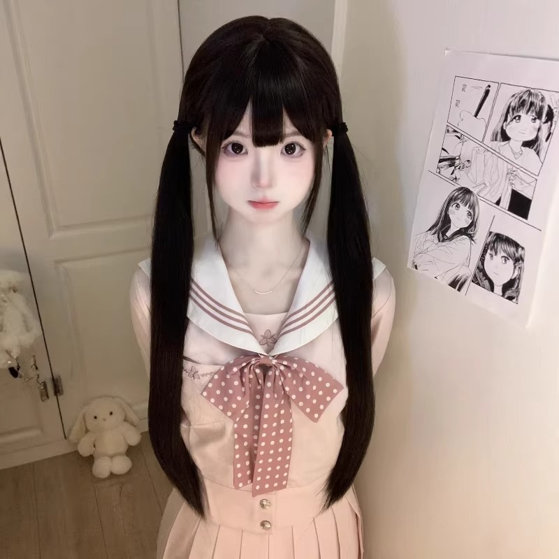 Lasulja z dolgimi lasmi za ženske - naraven videz, dnevni slog Lolita, 75 cm ravni lasje s frufrujem, kostum za celotno glavo, JK, mala Lolita