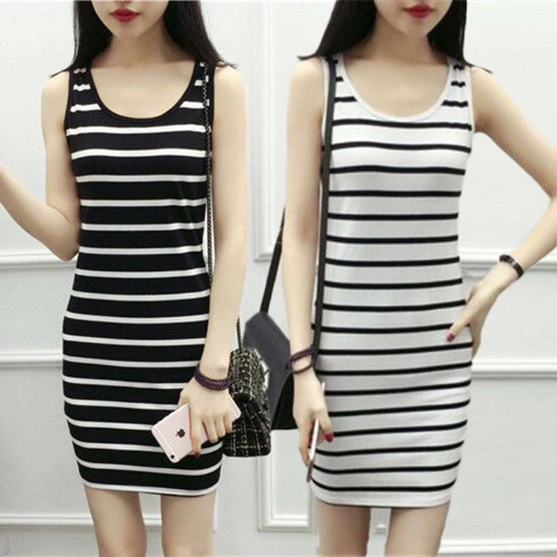 跨境外贸2025新款条纹无袖连衣裙时尚女上衣显瘦中长款春夏背心裙