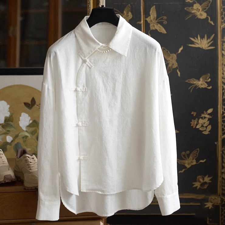 For Jane full marks_designer clear 2024 new Chinese oblique lapel buckle lapel-linen white shirt women