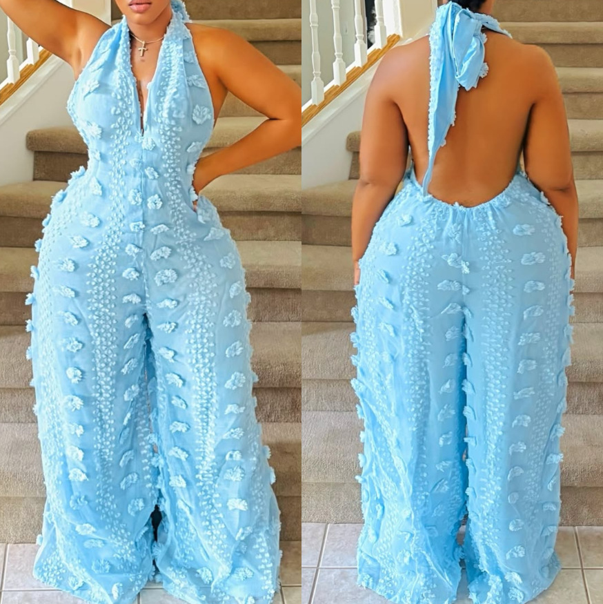 M80623 Cross-Border European and American Fashion Casual Women's Halter V-Neck Wide-Leg Jumpsuit with Ribbons