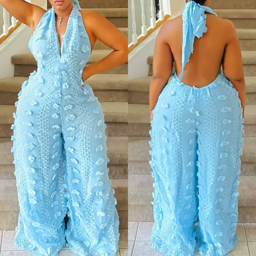 M80623跨境欧美时尚休闲女装挂脖V领大摆飘带连体裤