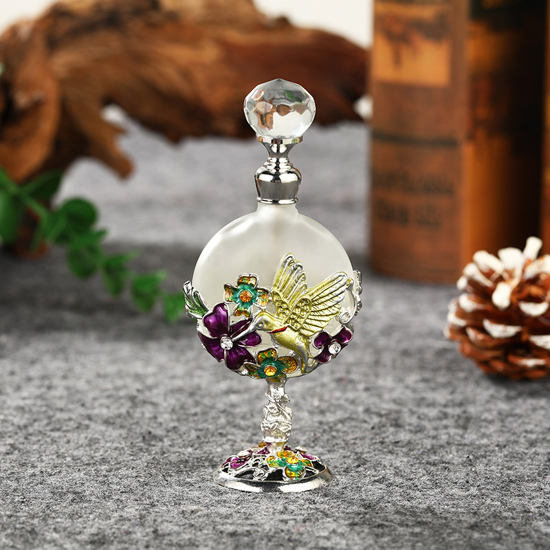 蜂鸟扁瓶款电镀彩绘复古酒店装饰品 精致香水瓶8ml可定精油分装瓶
