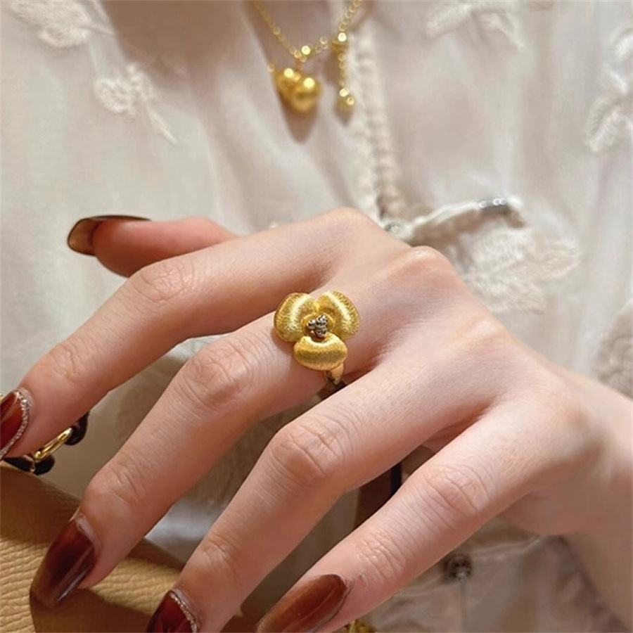 中古風金色拉絲玉蘭花戒指女復古輕奢高級感食指戒精緻時尚指環新