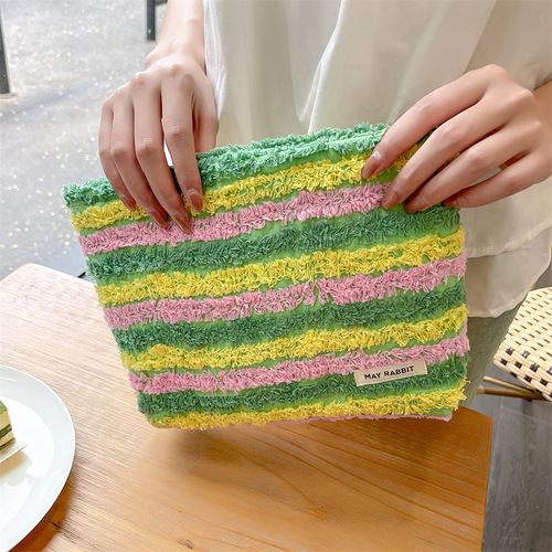 MAY RABBIT Color Block Striped Large Capacity Makeup Bag Canvas Bag Portable Storage Bag High-Quality Handbag