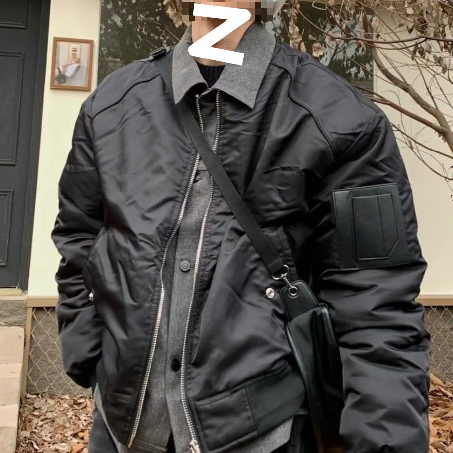 小众拼接设计感翻领假两件棉衣夹克外套男女宽松秋冬季飞行棒球服