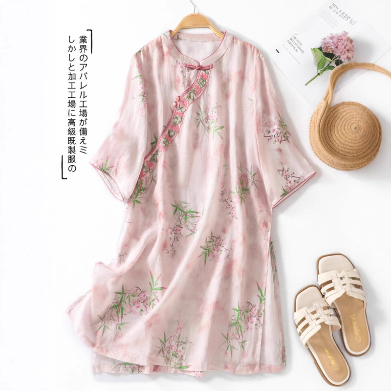 High-end New Chinese-style Ramie Printed Shirt Women's Summer Mid-length National Style Slant Placket Buckle Linen Modified Cheongsam Top High-end New Chinese-style Ramie Printed Shirt Women's Summer Mid-length National Style Slant Placket Buckle Linen Modified Cheongsam Top
