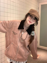 美式复古粉色vintage棒球服外套女早秋季设计感小众潮牌开衫夹克