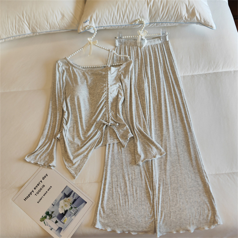 Cross-border foreign trade spring and autumn women's pajamas, long-sleeved French style, pure and alluring, with chest pads, slightly flared modal home wear for winter