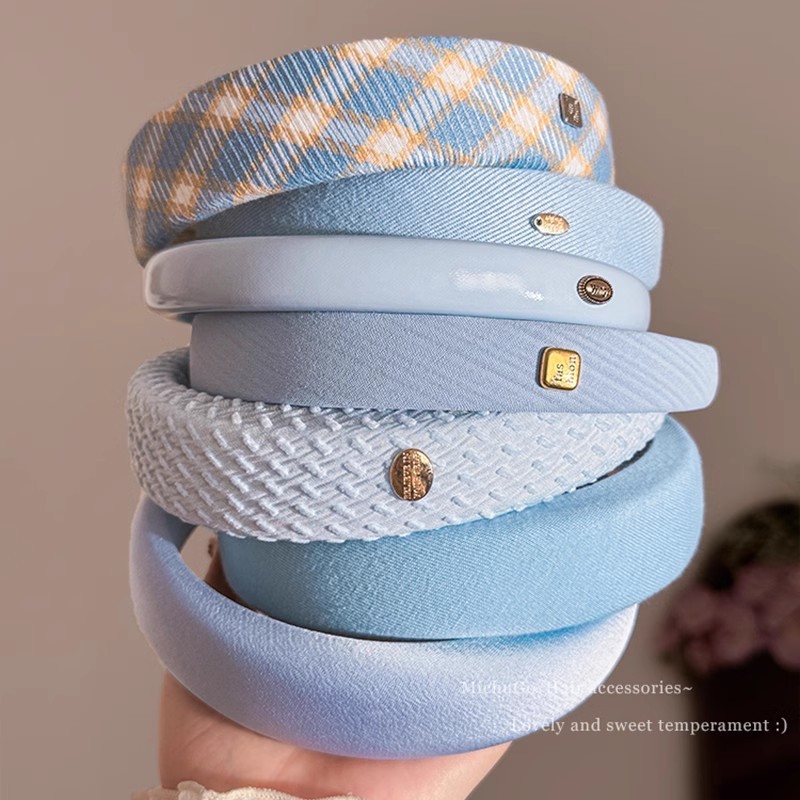 Diadema de esponja a cuadros azul, diadema de cabeza alta para mujer, diadema de cabeza alta, todo fósforo de verano, toalogas de horquilla para salidas diarias