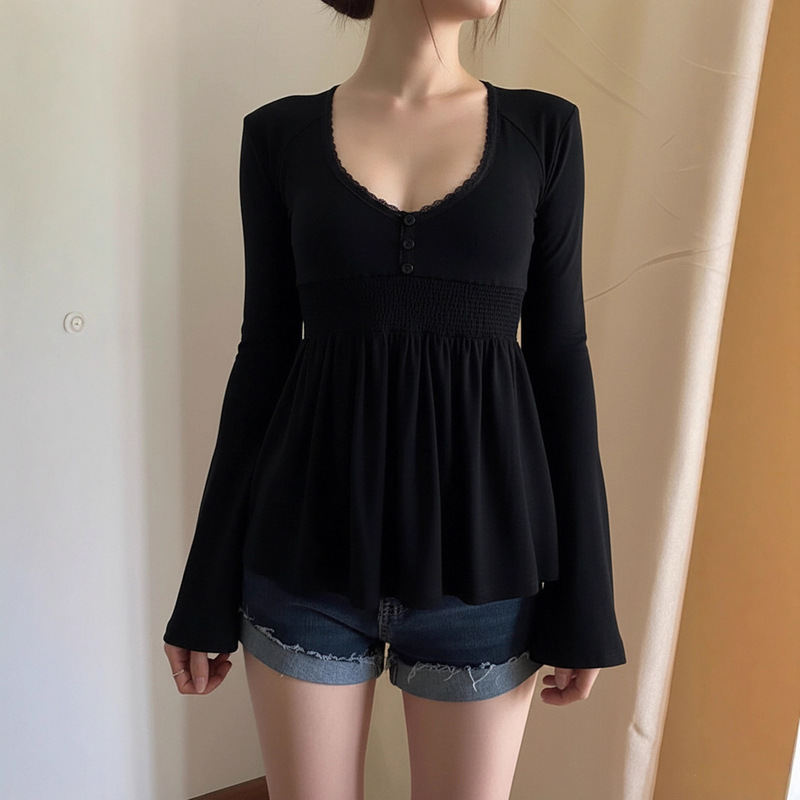 Cross-Border European and American Style Lace-Trimmed Long-Sleeve T-Shirt with Sexy Low-Cut V-Neck and A-Line Ruched Design, Japanese and Korean Casual Style