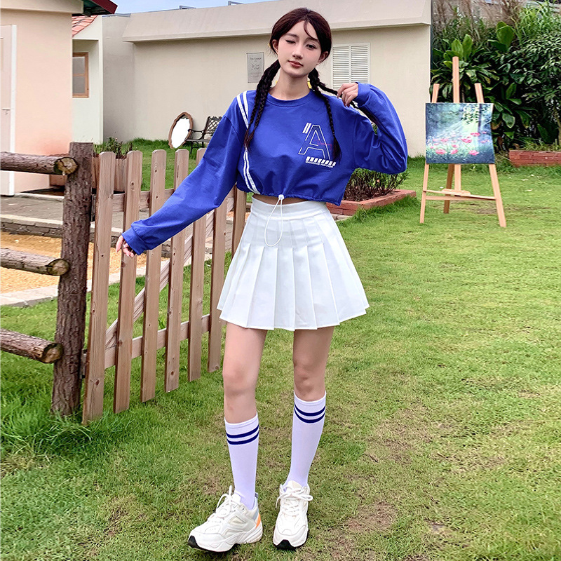 现货速发韩版女团露脐长袖百褶裙成人学生跳舞啦啦队健美操爵士舞