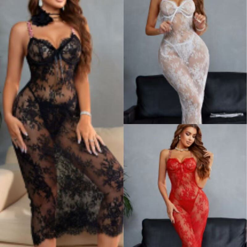 Cross-Border Foreign Trade Lace Tight-Fitting Mesh Sexy European and American Style Spaghetti Strap See-Through Floral Long Dress Lingerie Set