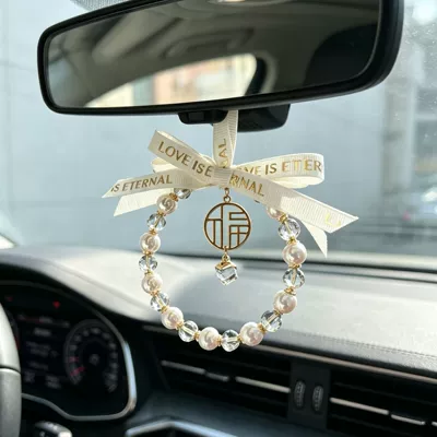 Pearl car pendant, new crystal model for women, high-end car interior decoration, safety rearview mirror car hanging ornament, crystal pendant (Car hanging) - pearl-crystal-pendant
