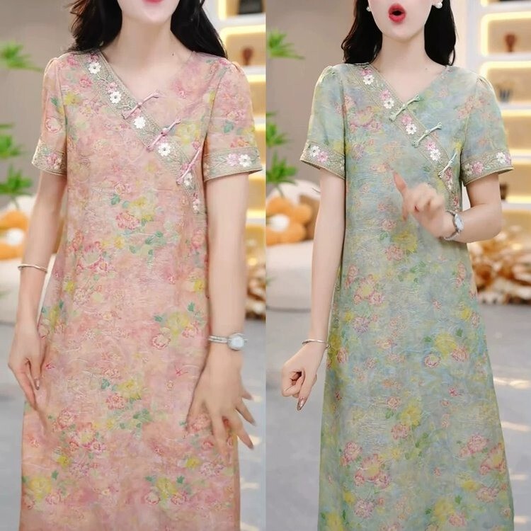 Chinese Style 2025 Summer New Age-Reducing Slimming Elegant Fashionable Mid-Length Loose Flesh-Covering Mother's Dress Chinese Style 2025 Summer New Age-Reducing Slimming Elegant Fashionable Mid-Length Loose Flesh-Covering Mother's Dress