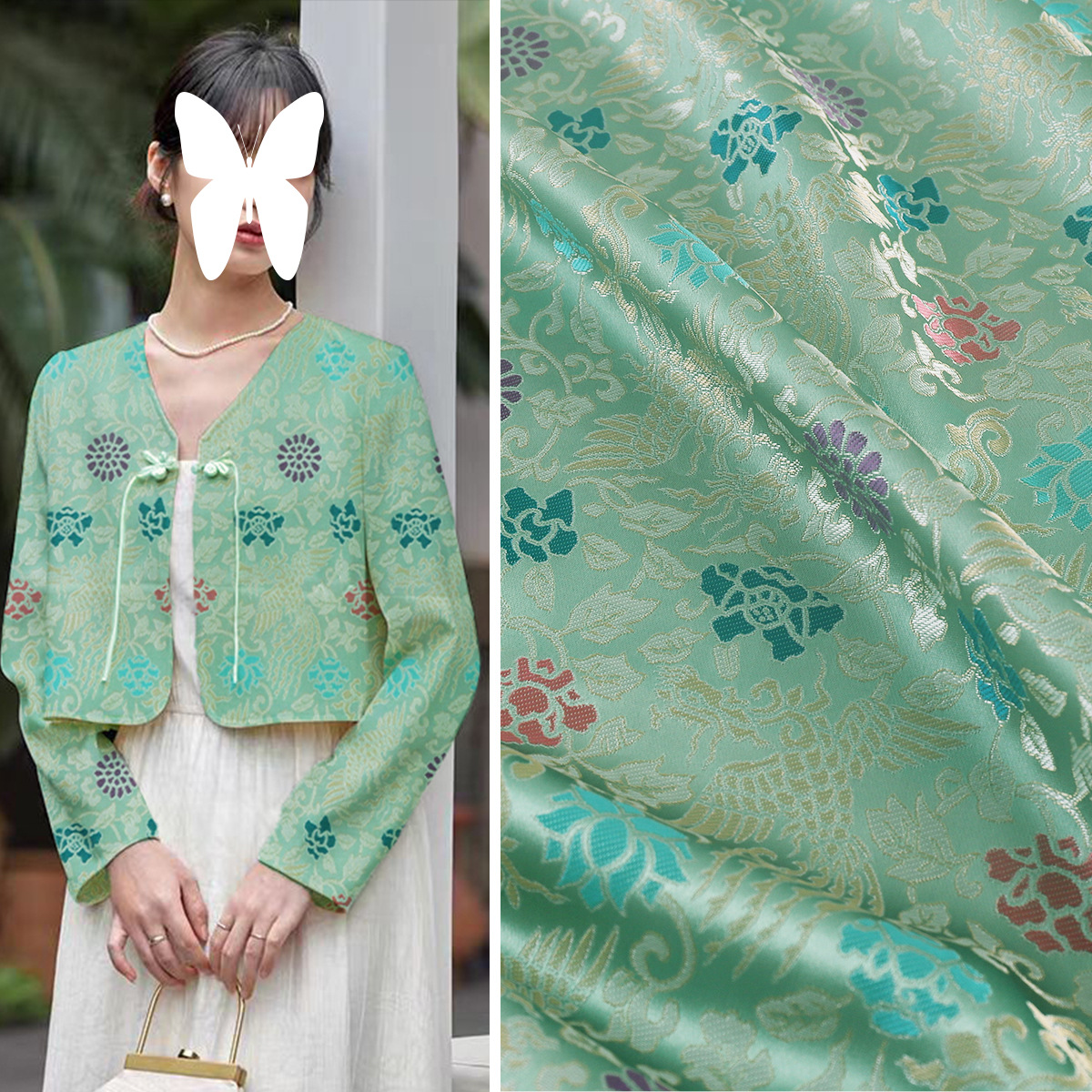 《凤舞青花》中国风厂家国潮植物真丝提花布料源头连衣裙服装面料
