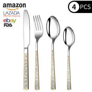Cross-border stainless steel bilateral gold pattern tableware wholesale hotel Western steak knife golden texture knife fork spoon