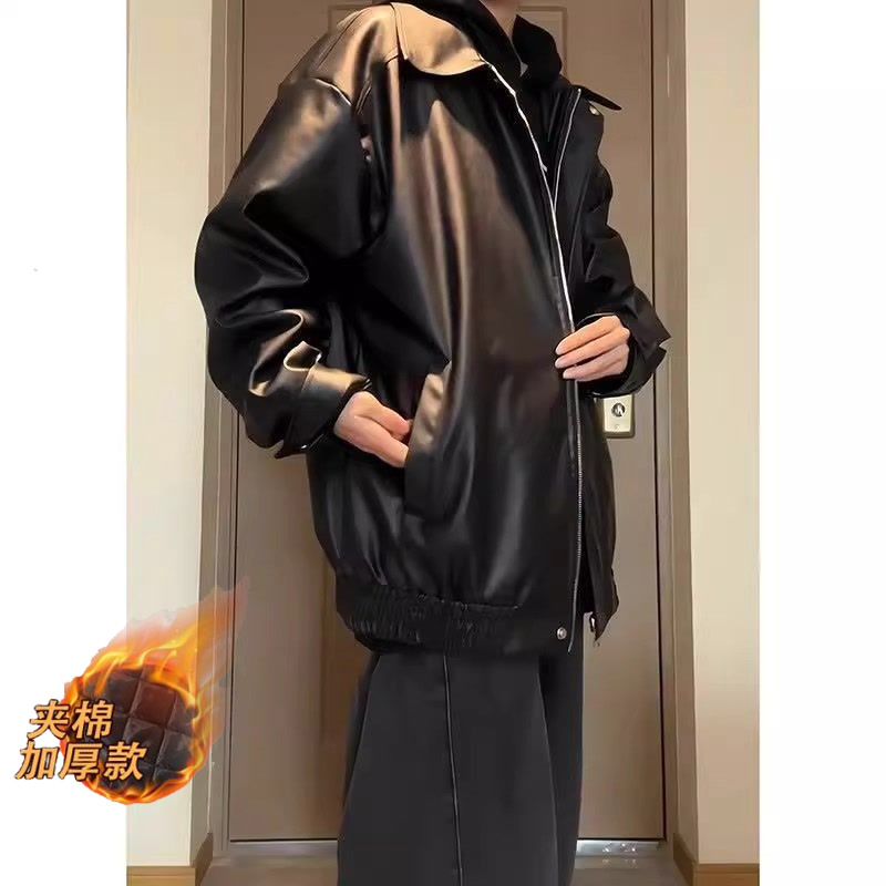 新款潮牌美式复古pu皮衣夹克男女款秋冬季加厚款高街痞帅外套百搭