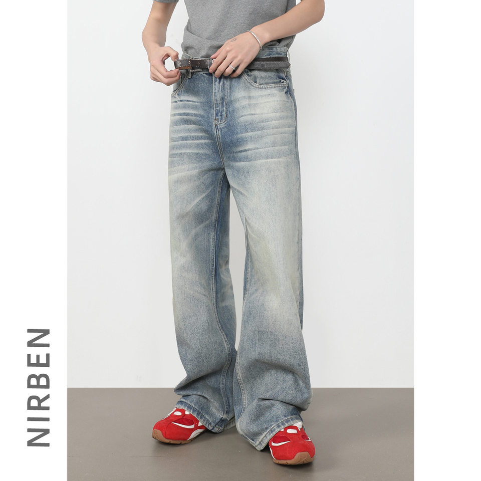 Quần jeans nam ống rộng dáng thẳng lưng giữa, phong cách retro, dài chấm gót — màu xanh