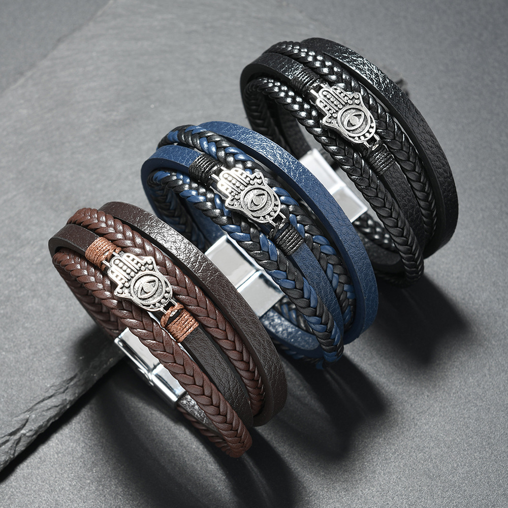 Men's Woven Leather Blue Turkish Bracelet Evil Horus Eye_voghion.com