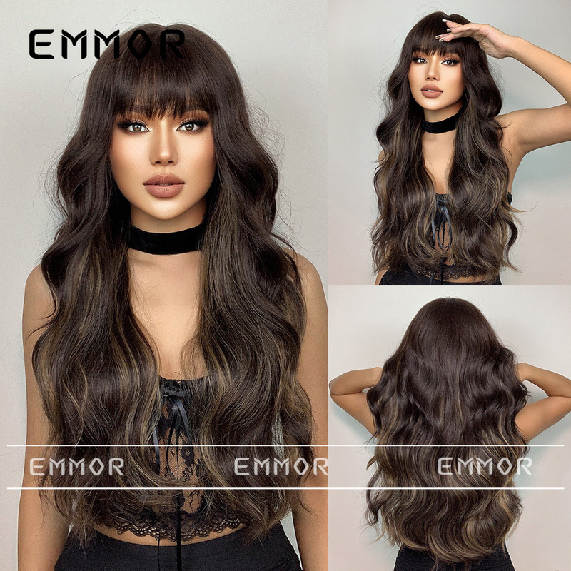Temperament New Fashion Women's Wig Long Curly Hair with Bangs Black Brown European and American Wind Big Wave Wig Headgear