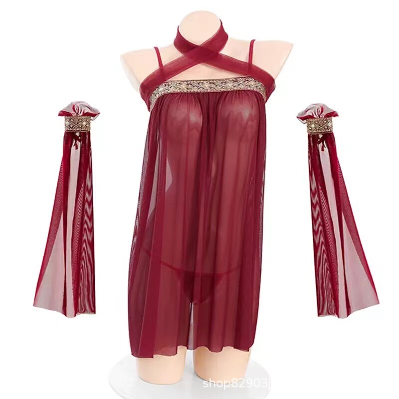 Red Sexy Hanfu Pajama Set with Alluring Palace-Style Bellyband for Brides, Featuring a Traditional Style with Sheer Straps