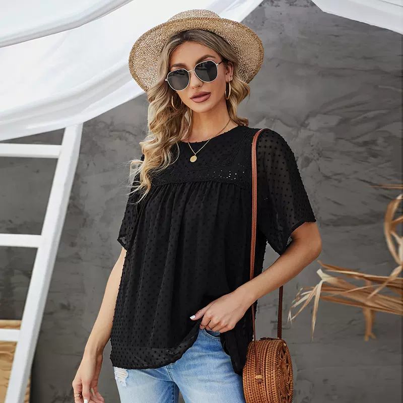 独立站夏季新款纯色雪纺衫女欧美跨境大码宽松蕾丝衫代发2514868
