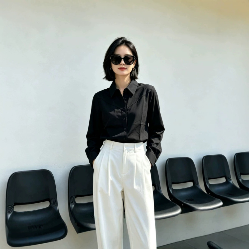 French-style long-sleeved black shirt for women, new spring/autumn collection, suitable for work and professional attire, slim-fit and flattering, perfect for layering French-style long-sleeved black shirt for women, new spring/autumn collection, suitable for work and professional attire, slim-fit and flattering, perfect for layering