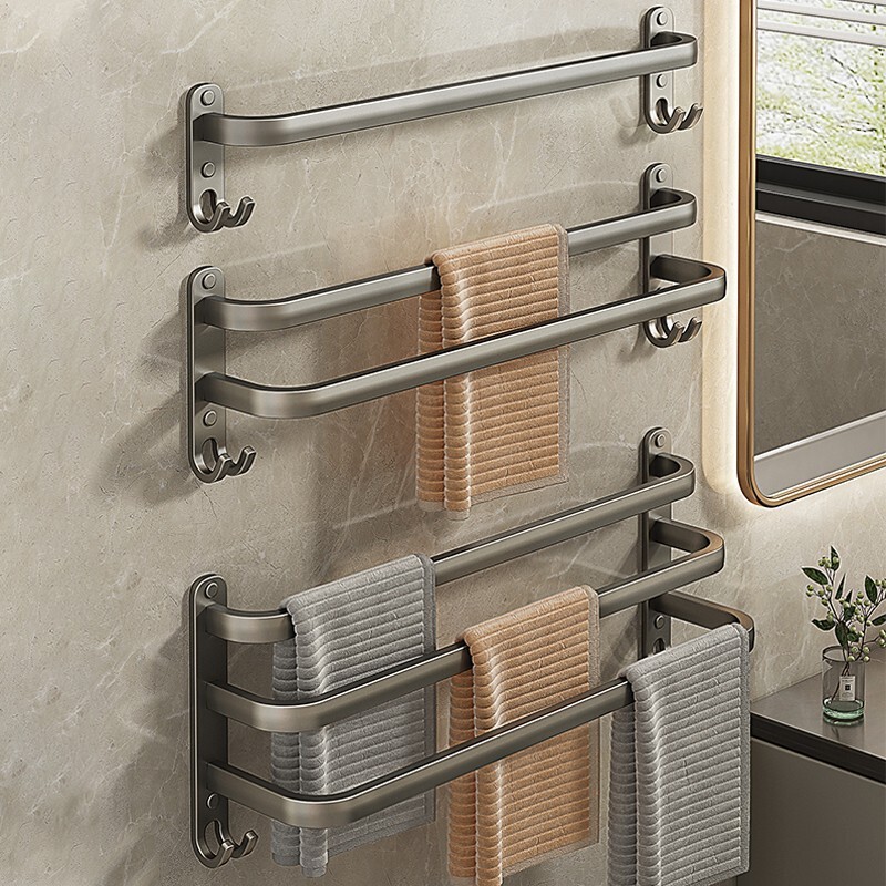 Gun Gray Towel Bar, Punch-Free, Bathroom Towel Drying Rack, Bathroom Storage Rack, Double-Layer Multi-Layer Hook Bar Gun Gray Towel Bar, Punch-Free, Bathroom Towel Drying Rack, Bathroom Storage Rack, Double-Layer Multi-Layer Hook Bar