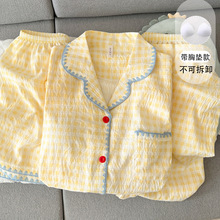 跨境批发带胸垫大码睡衣女款春夏季短袖蓝花边甜美黄格子三件套装