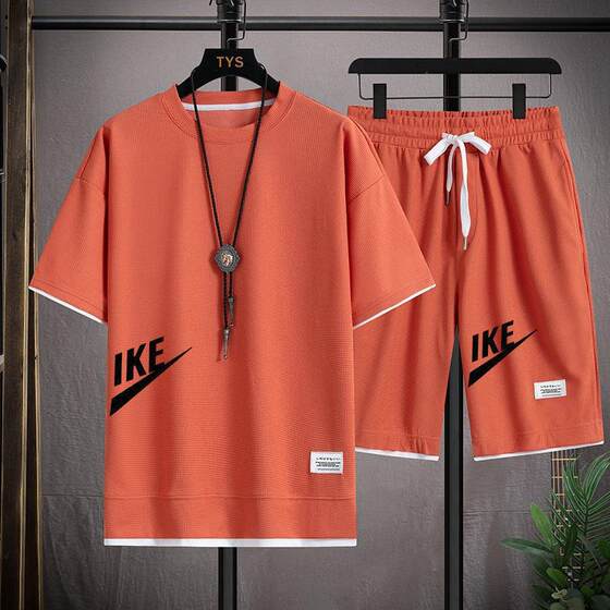 Waffe Short-sleeved T-shirt Men's Casual Sports suit Wholesale Summer Loose Fake Two-piece Half-sleeved T-shirt Two-piece Set