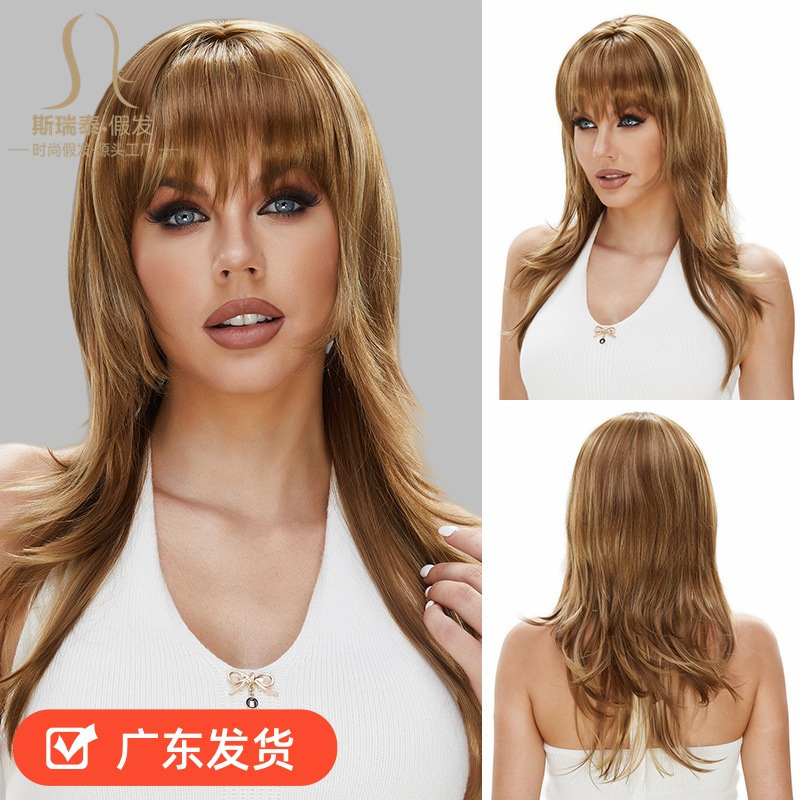 Guangzhou Cross-Border Internet Celebrity Wig, Brown T-Color, Women's Straight Bangs, Realistic Matte Silk Long Straight Full Wig, Factory Direct Sale