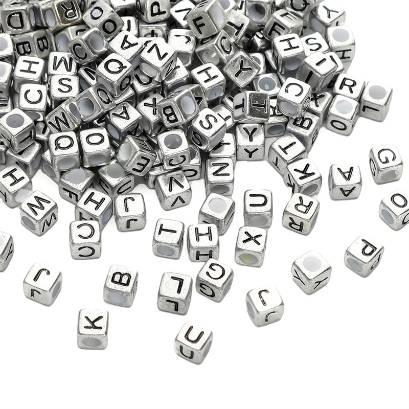 6*6 Acrylic English Letters Antique Silver Square Beads Loose Beads Mobile Phone Chain DIY Material Kit Bracelet Necklace Accessories