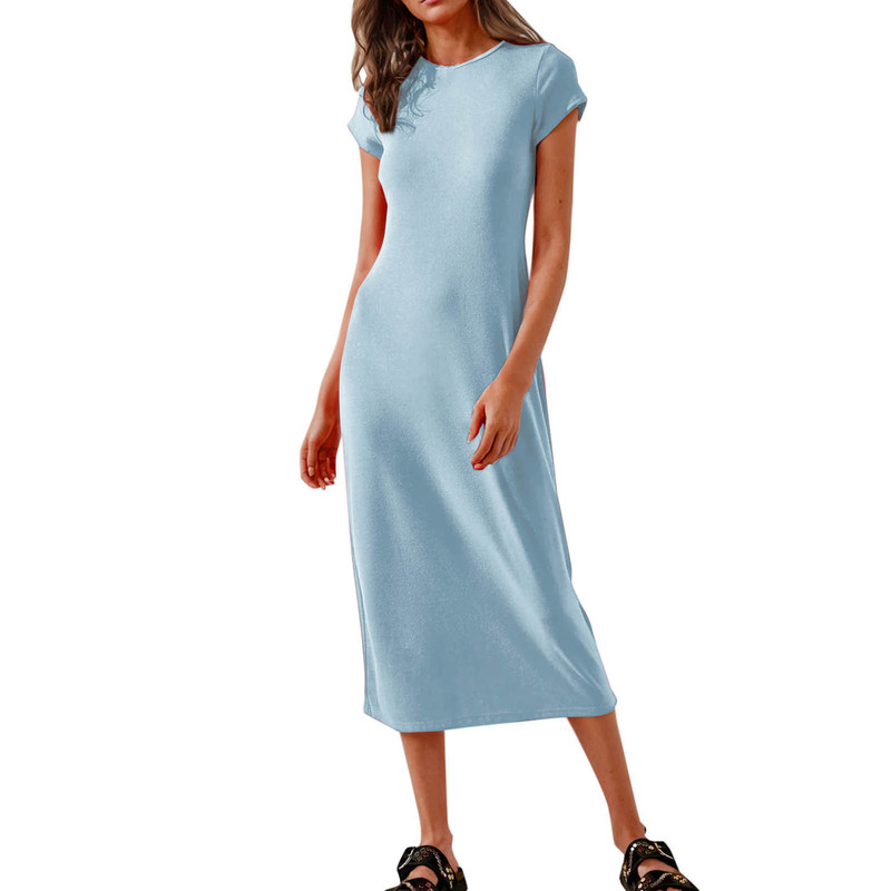 2026 Amazon Cross-Border Women's Casual Slim-Fit Round-Neck Short-Sleeved Solid Color Long Dress