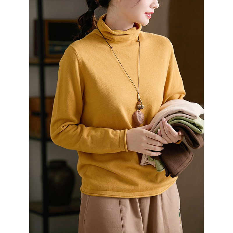 Gjcp 100% Cotton Versatile High-Neck Sweater Autumn and Winter Inner Wear Slouchy Loose Knit Base Shirt for Women
