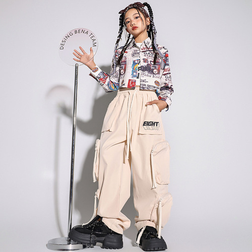 Jazz Dance Costume for Girls: Short-Sleeve Shirts and Work Pants Set for Female Kids, Jazz Minis, Street Dance Performance Fashion Outfits