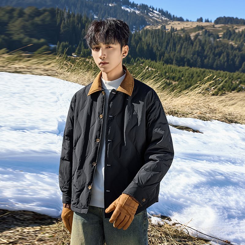 Korean style 2025 winter simple loose Barn style color-blocked lapel down jacket coat for men, warm