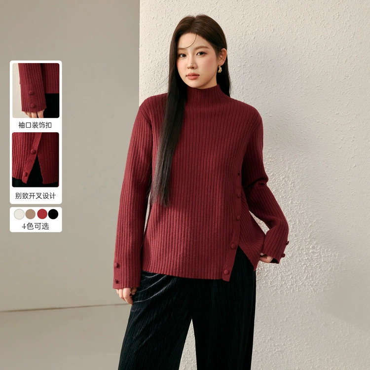 Женский модный свитер больших размеров в корейском стиле с высоким воротником и разрезом по подолу, универсальный и теплый, для полных женщин, новая модель зимы 2024 года.