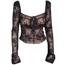 大码胖MM纯欲黑色方领蕾丝衫女春季新款修身显瘦辣妹风短款上衣潮