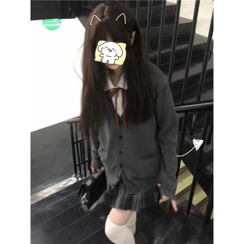 Two-Piece Suit Jk Uniform Preppy Style Suit Gray Knitted Cardigan Sweet Cool Retro Sweater Jacket Shirt