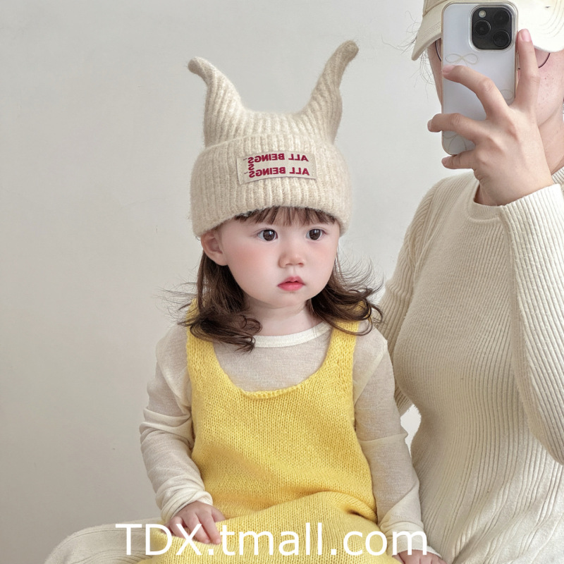 儿童毛线帽秋冬季加厚超萌字母牛角宝宝保暖套头帽婴儿防风护耳帽|undefined