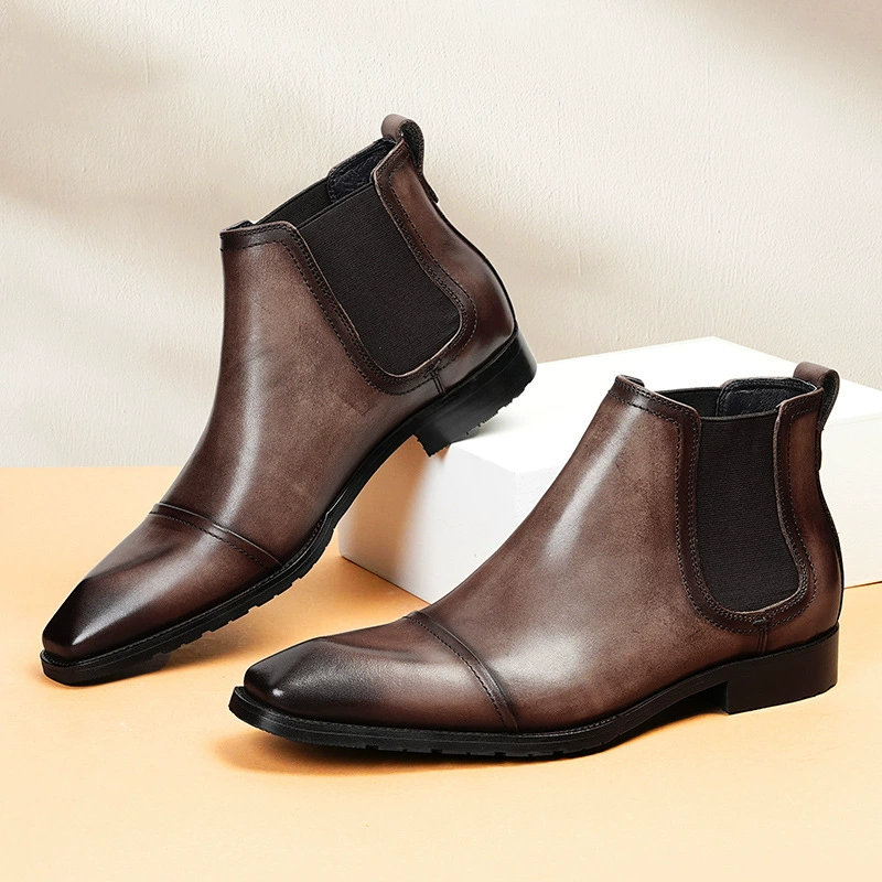 Мужские Ботинки Челси с верхним слоем из воловьей кожи, осенне-зимние высокие британские острые короткие сапоги, деловой костюм, кожаная обувь с тремя шарнирами больших размеров