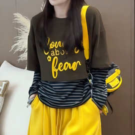 撞色条纹假两件长袖t恤女2025新款今年流行爆款独特漂亮早秋上衣