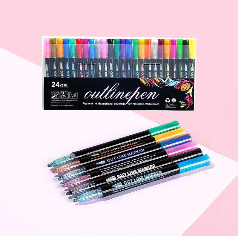 Doble línea de contorno pluma fantasía metal 12 color DIY mano cuenta multicolor Navidad resaltador tarjeta de felicitación pluma de contorno al por mayor