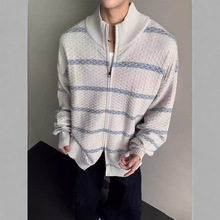 老钱风菱格开衫针织衫男士秋冬季撞色条纹立领潮牌高级感毛衣外套