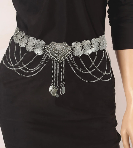 New alloy flower tassel waist chain heavy industry coin belly dance chain ancient Dunhuang flying accessories dress waist
